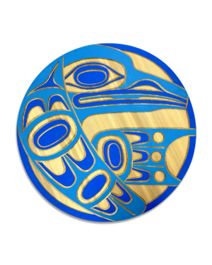 Raven carved panel with blue paint and natural wood grain